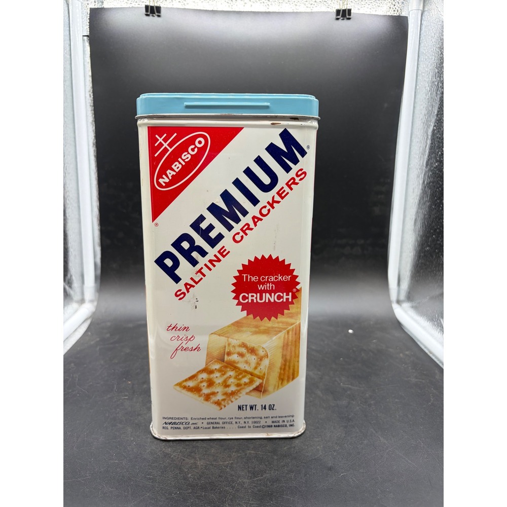 Vintage Nabisco Premium Saltine Crackers Tin Blue Lid 14oz Advertising Canister